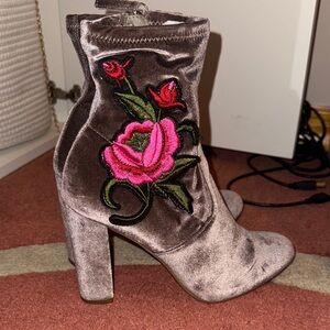 Steve Madden Velvet Heeled Boots - Brown with Pink Floral Embroidery